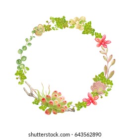 Wreath with succulents and greenery plants, vector illustration.