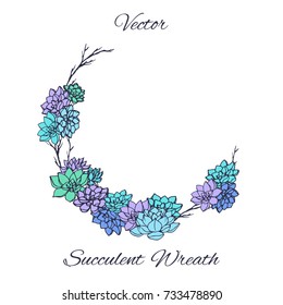 Wreath of succulents and tree branches isolated on white background. Usable as floral wedding invitation design and more. 