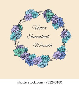 Wreath of succulents and tree branches. Usable for wedding invitations, save the date designs, cards and more. Floral round frame.