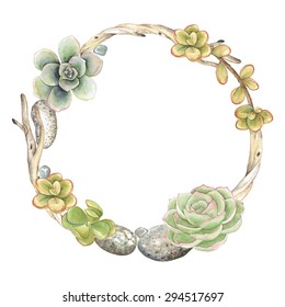 Wreath of Succulents, twigs and stones, vector watercolor illustration in vintage style.