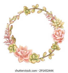 Wreath of succulents, vector watercolor illustration.