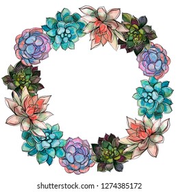 Wreath of succulents. Watercolor Vector illustration