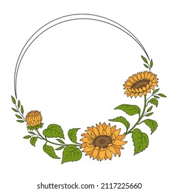 Wreath with sunflower in botanical line art style. Flowers, buds, leaves of sunflowers and the frame in the form of a circle. Hand drawn vector illustration for your design.