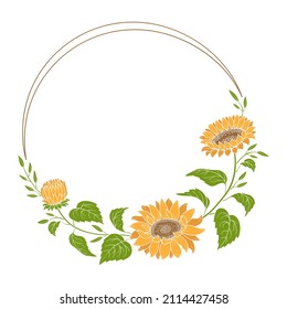 Wreath with sunflower. Flowers, buds, leaves of sunflowers and the frame in the form of a circle. Hand drawn vector illustration for your design.