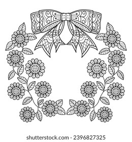 Wreath sunflower and ribbon hand drawn for adult coloring book
