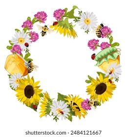 Wreath with sunflowers, chamomile, clovers, jar of honey, ladybugs and bees on a isolated background. Vector illustration. With space for your text.