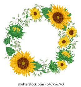 Wreath with sunflowers and oat. Rustic floral background. Vintage vector botanical illustration in watercolor style.