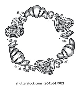 A wreath of sweet buns, croissants, chocolate. All objects are hand-drawn in vector. The illustration is suitable for printing on food packaging, menu design, and bakery interiors.