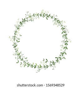 Wreath template with green leaves, branches, berries. Vector border design for greetings, logos, banners, invitations. Floral frame as a delicate decoration element.