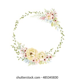 Wreath of tender flowers Ranunculus, little flowers and leaves. Vector illustration in vintage style.