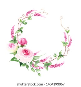 Wreath with tender pink roses, green leaves and plant dolichos. Vector illustration in vintage watercolor style. Template for your design.