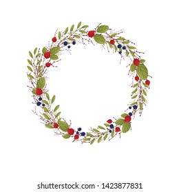Wreath of thin branches with leaves. Vector illustration on white background.