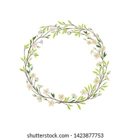 Wreath of thin branches and small leaves. Vector illustration on white background.