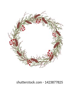 Wreath of thin branches of thuja. Vector illustration on white background.