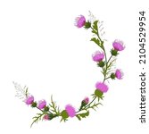 A wreath of thistle flowers is a vector stock illustration. A label template for Scotch whiskey. Purple buds and thorns. A wedding invitation. Isolated on a white background.