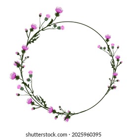A wreath of thistle flowers is a vector stock illustration. A label template for Scotch whiskey. Purple buds and thorns. A wedding invitation. Isolated on a white background.