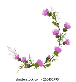 A wreath of thistle flowers is a vector stock illustration. A label template for Scotch whiskey. Purple buds and thorns. A wedding invitation. Isolated on a white background.