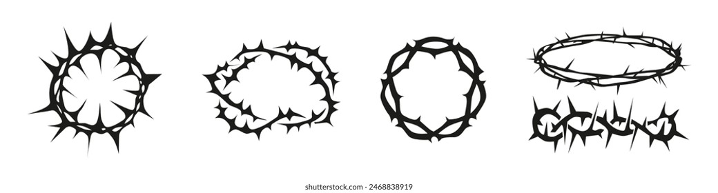 Wreath with thorns vector silhouette. Crown with thorn set. Spiritual symbol collection.