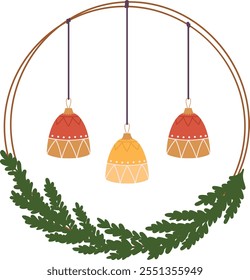 A wreath with three hanging ornaments on it