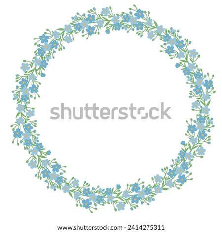 Wreath of tiny stylized blue flowers forget-me-nots on white background