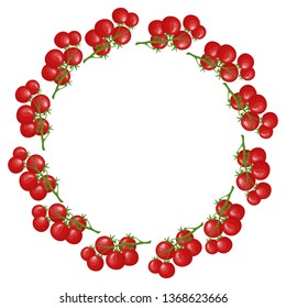Wreath from Tomatoes with Space for Text. Raw Ripe Red Cherry Tomato Branch Vegetable isolated on white background. Organic Food. Cartoon Style. Vector illustration for Your Design, Web.
