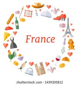 A wreath of traditional symbols of France. Vector round frame with place for text. Template for a tourist theme.