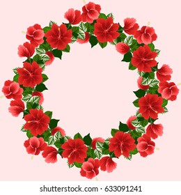 Wreath in tropical flowers of red hibiscus and fresh leaves. Floral exotic background. Round frame. Vector greeting card template. Design artwork for the poster, tee shirt, pillow, home decor. 