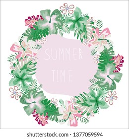 wreath of tropical flowers with the text Summer Festive invitation, postcard.