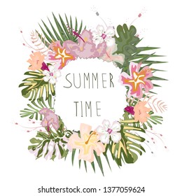 wreath of tropical flowers with the text Summer Festive invitation, postcard.
