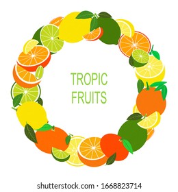 Wreath with tropical fruit. Vector Illustration with fresh tropic fruits in circle. Vector flat design suitable from template, banner, border, frame, card or icon. 