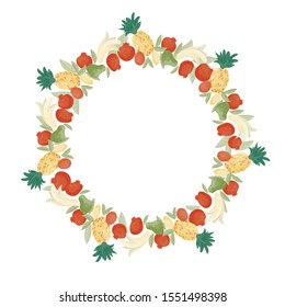 wreath of tropical fruits on a white background. Randomly scattered
 bright dishes: pomegranate, pineapple, lemon, lime, mandarin, banana. Concept: healthy eating. Printing on textile, paper. Vector