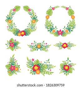 wreath of Tropical green leaves and floral frame, Beautiful wreath green summer leaves vector illustration 
