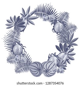Wreath of tropical leaves and dragon fruit.