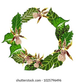 A wreath of tropical leaves and flowers