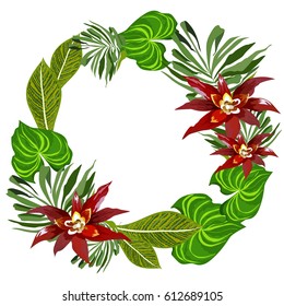 A wreath of tropical leaves and flowers