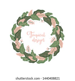 Wreath of tropical leaves and flowers. Unique design of greeting card template