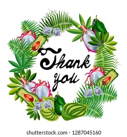 Wreath of tropical leaves. Thank you card.
