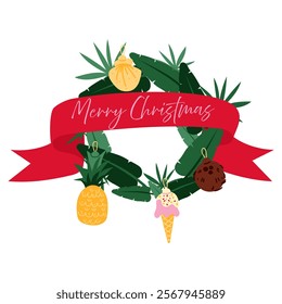 wreath of tropical palm leaves with a ribbon and tropical Christmas tree toys for party invitations, posters. Tropical toys. Winter holidays in the tropics. flat exotic frame with a Christmas ribbon.