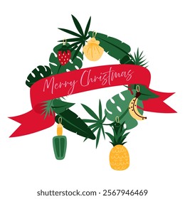 wreath of tropical palm leaves with a ribbon and tropical Christmas tree toys for party invitations, posters. Tropical toys. flat exotic frame with a Christmas ribbon. Winter holidays in the tropics