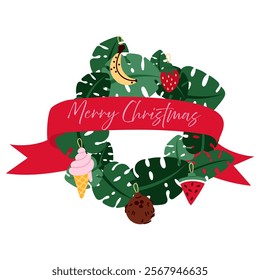 wreath of tropical palm leaves with a ribbon and tropical Christmas tree toys for party invitations, posters. Tropical toys. A flat exotic frame with a Christmas ribbon. Winter holidays in the tropics