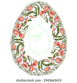 A wreath of tulips in a circle. The frame is in the shape of an Easter egg. For a religious holiday. Communion, confirmation, Palm Sunday. Greeting picture for Easter.The inscription Easter frames.