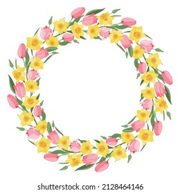 A wreath of tulips and daffodils. Spring. Easter. . Suitable for postcards and invitations. Vector