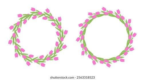 Wreath of tulips with leaves. Round frames of pink tulips, design element for spring decor, holiday, plant world, flora. Valentines Day, Mothers Day, Hello Spring.