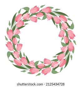 A wreath of tulips and leaves. Suitable for postcards and invitations. Vector