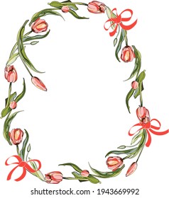 A wreath of tulips in the shape of an oval, eggs. Wedding decoration, greeting cards. For a religious holiday. Communion, confirmation, Palm Sunday. Egg. Greeting picture for Easter.