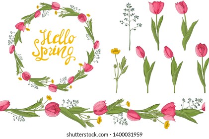 
A wreath of tulips and spring herbs with the inscription. Suitable for postcards and invitations.