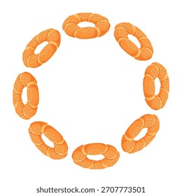 Corona con simio turco en estilo plano. Panecillo tradicional de Turquía con sésamo. Panadería oriental, pastelería fresca, productos horneados para la tarjeta de desayuno café. Aislado en un fondo blanco.