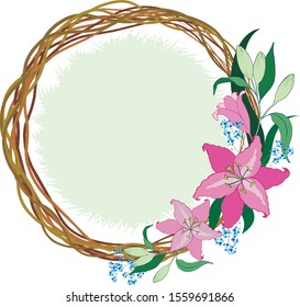 wreath of twigs with pink lily flowers.  vector illustration can be used for logo