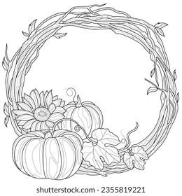 Wreath of twigs with pumpkins and sunflowers.Coloring book antistress for children and adults. 