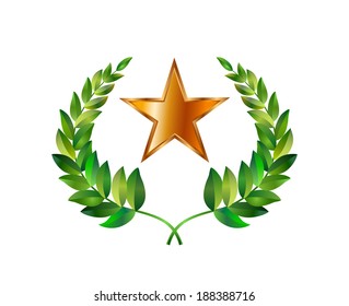 Wreath from two branches with green laurel leaves. Golden star. Vector drawing.